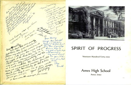 1949 AHS Spirit yearbook inside cover with photo of downtown Ames High School which is now City Hall