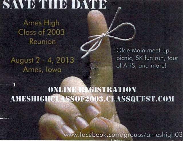 AHS 2003 10th reunion save the date postcard Ames Iowa
